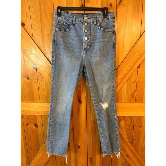 Express Button Fly Ripped Slim Super High Rise Raw Hem Jeans Size 8R (5500) - Picture 1 of 8